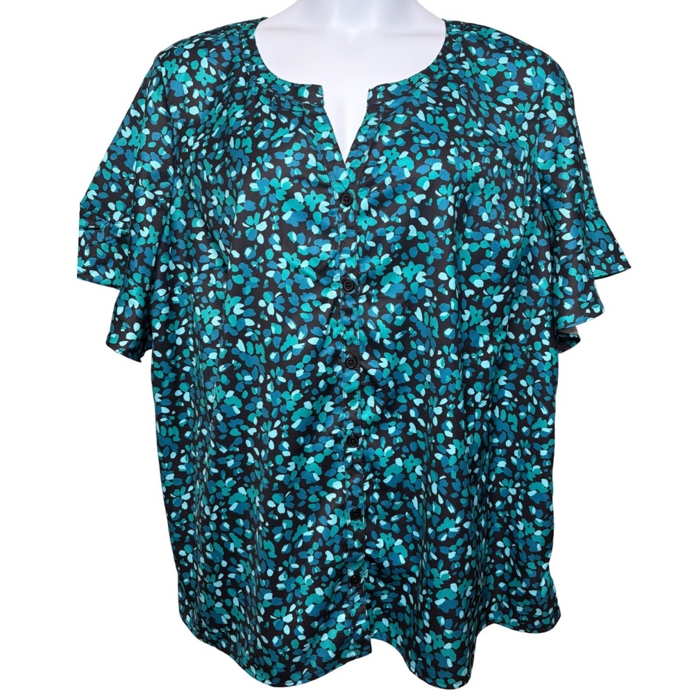CATHERINES Women Teal Floral Button Front Top 1X Ruffle Sleeve Flowy Office